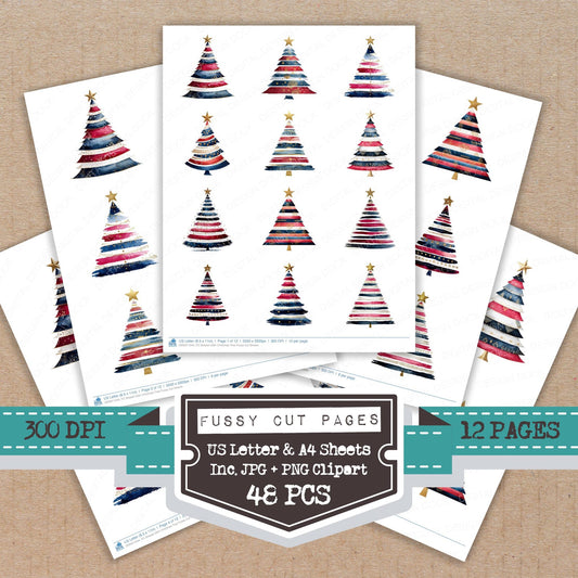 Striped USA Christmas Tree fussy cut printable sheets for junk journaling, scrapbooking, and paper craft projects