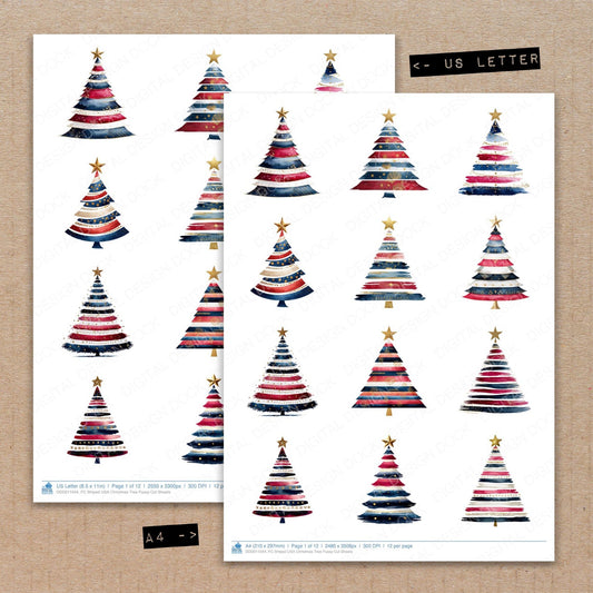 A4 and US Letter format comparison showing Striped USA Christmas Tree fussy cut pages for print and cut crafting