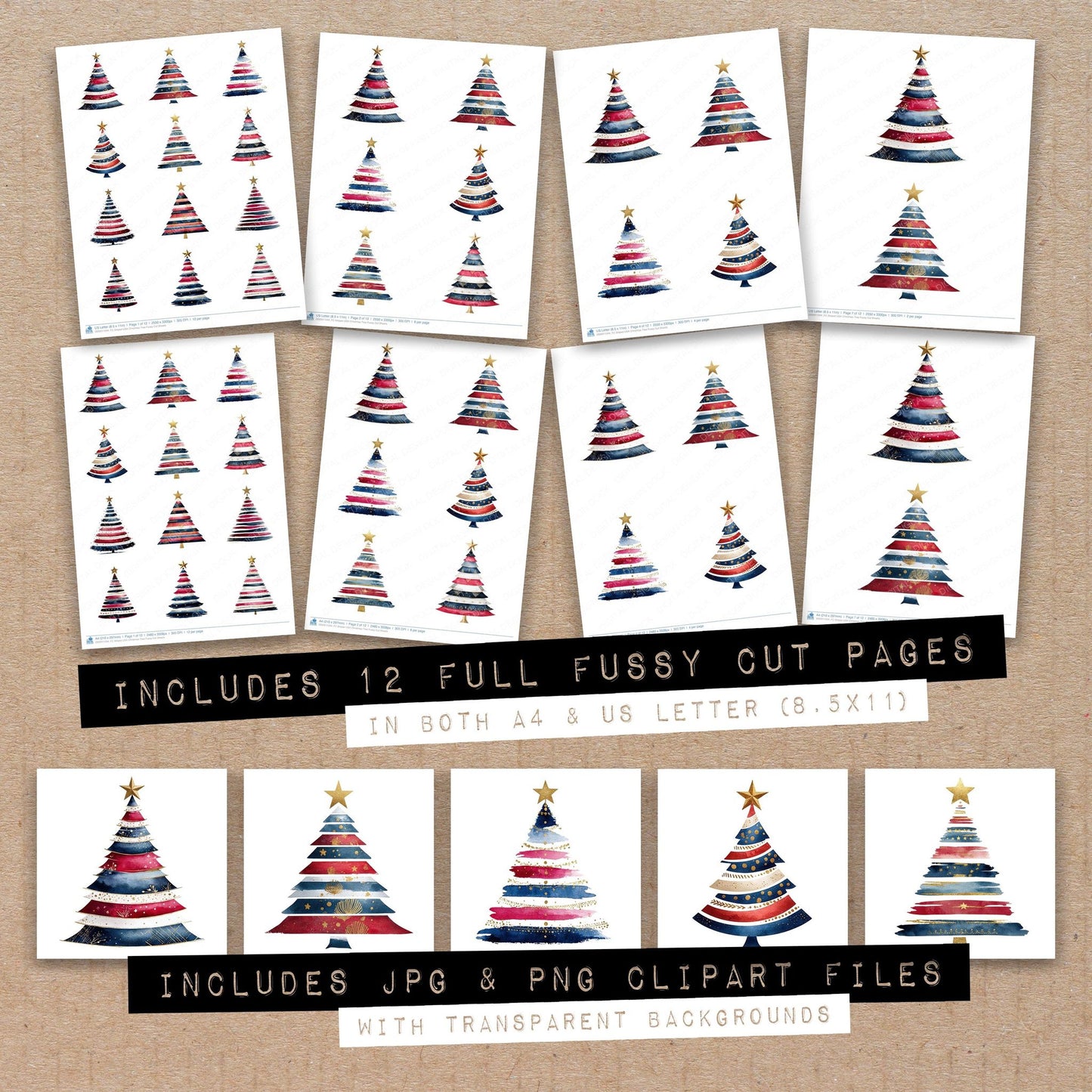 Full collection view of Striped USA Christmas Tree fussy cut sheets with bonus clipart JPG and PNG files