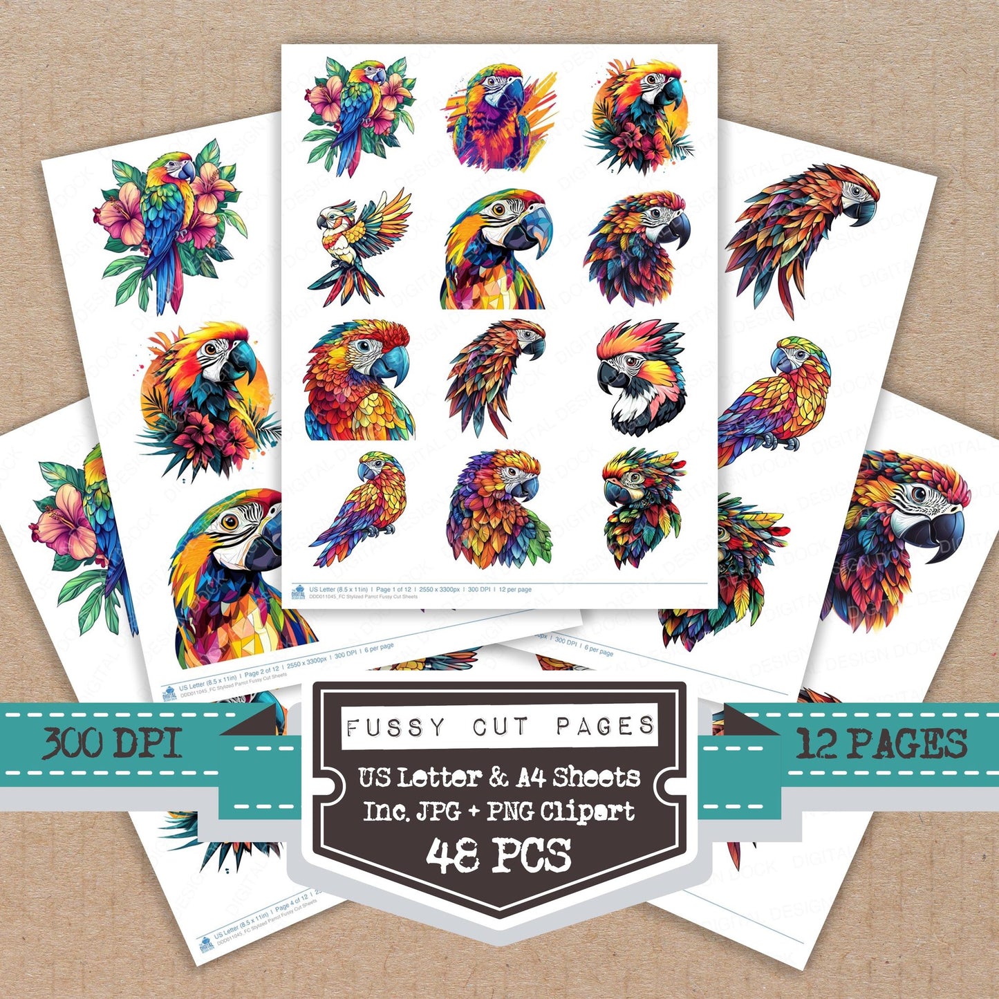 Stylized Parrot fussy cut printable sheets for junk journaling, scrapbooking, and paper craft projects
