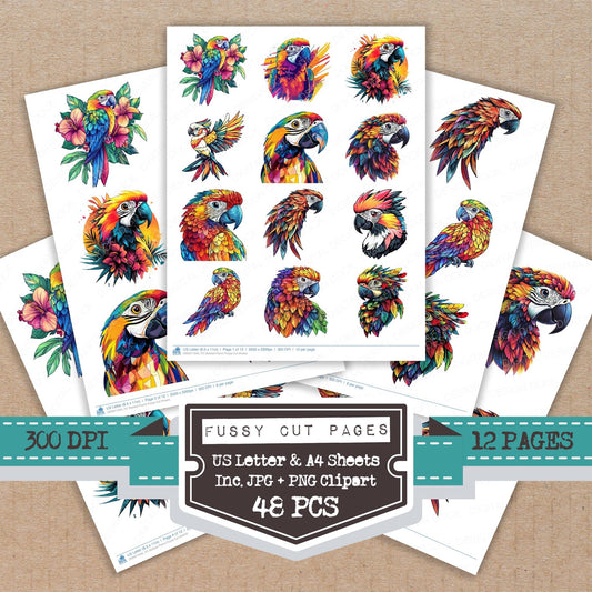 Stylized Parrot fussy cut printable sheets for junk journaling, scrapbooking, and paper craft projects