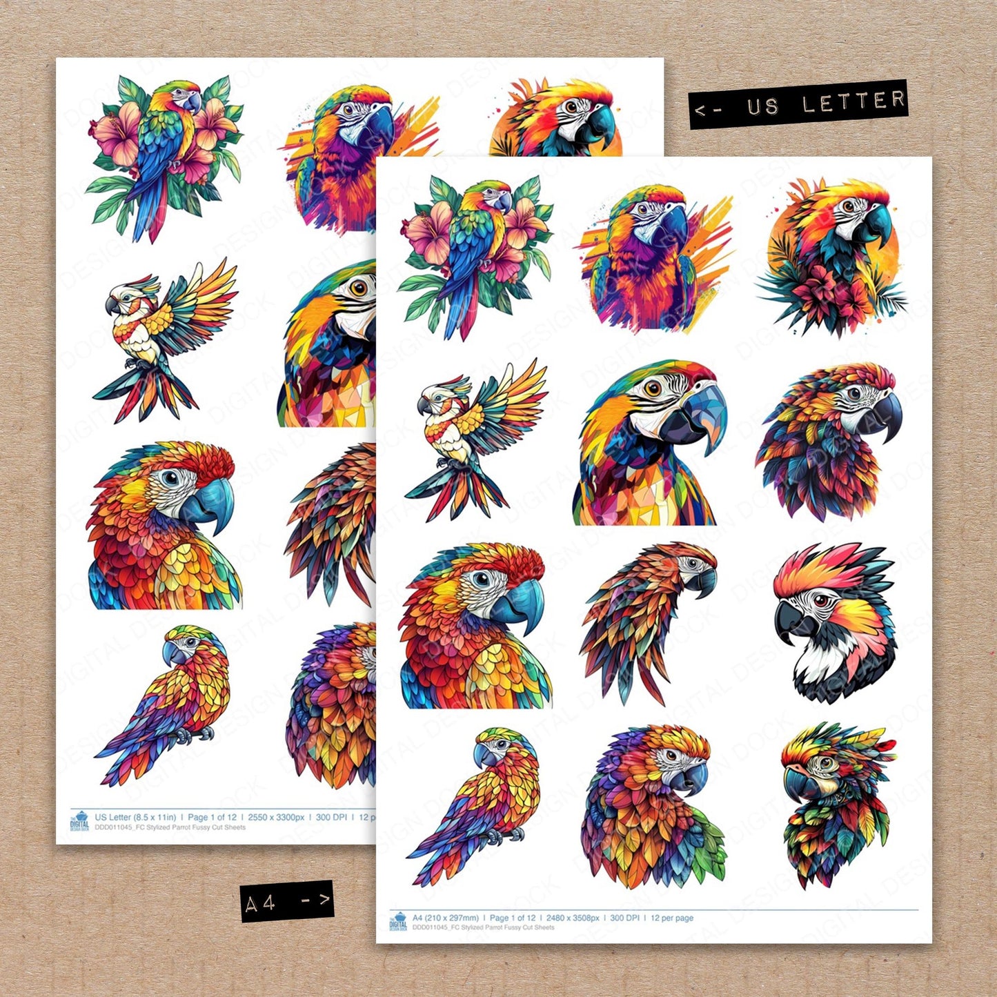 A4 and US Letter format comparison showing Stylized Parrot fussy cut pages for print and cut crafting