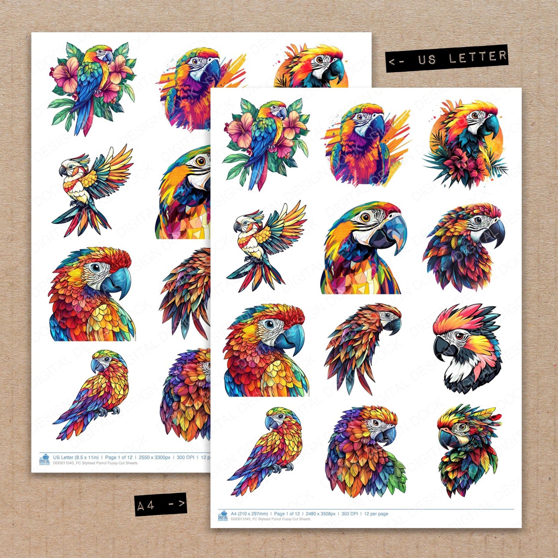 A4 and US Letter format comparison showing Stylized Parrot fussy cut pages for print and cut crafting