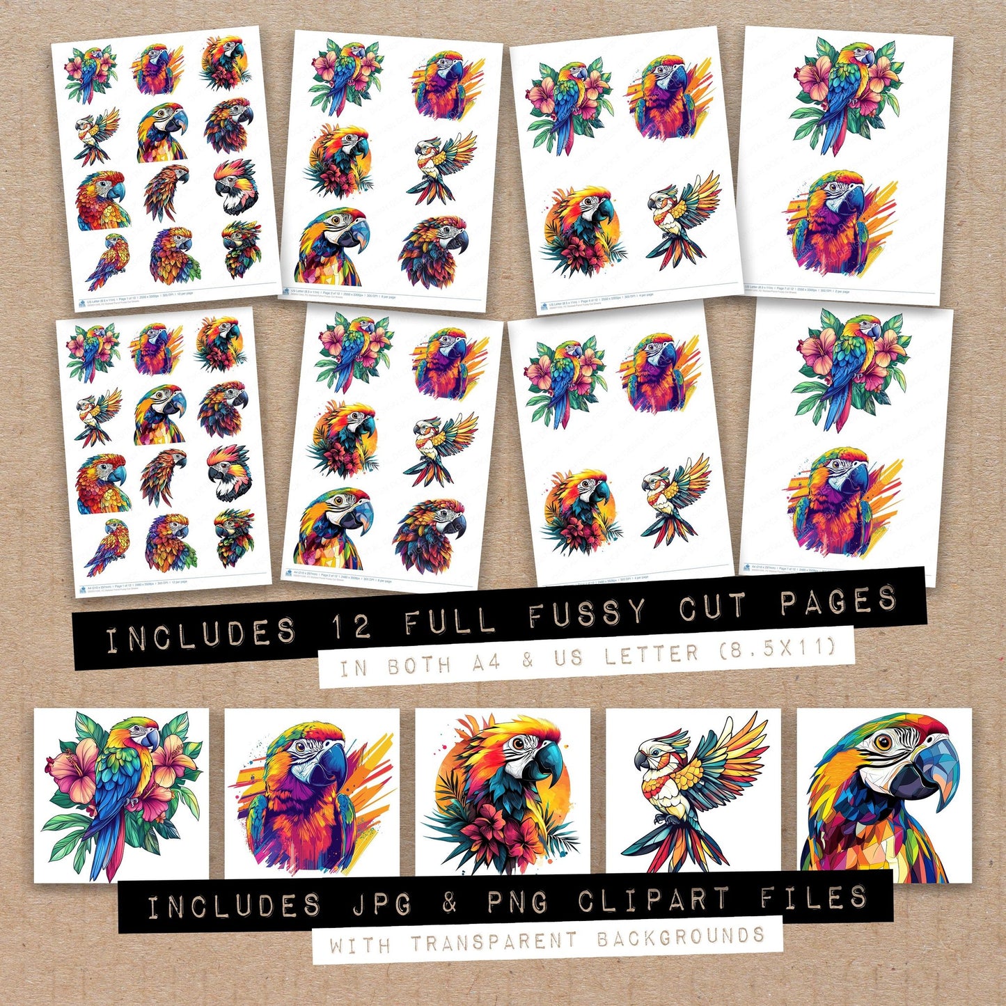 Full collection view of Stylized Parrot fussy cut sheets with bonus clipart JPG and PNG files