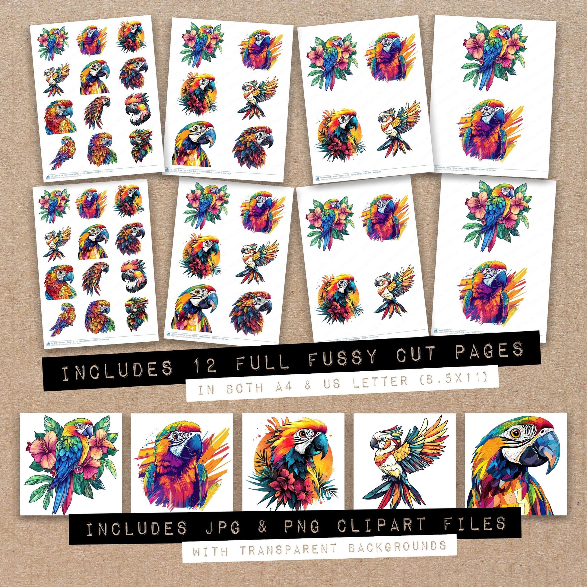 Full collection view of Stylized Parrot fussy cut sheets with bonus clipart JPG and PNG files