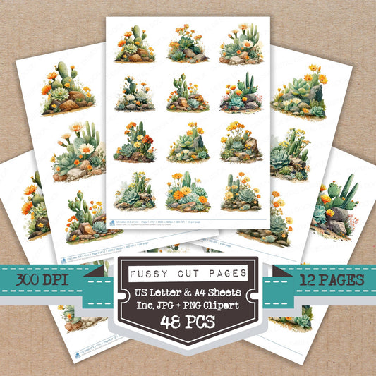 Succulent Cactus Rock Garden fussy cut printable sheets for junk journaling, scrapbooking, and paper craft projects