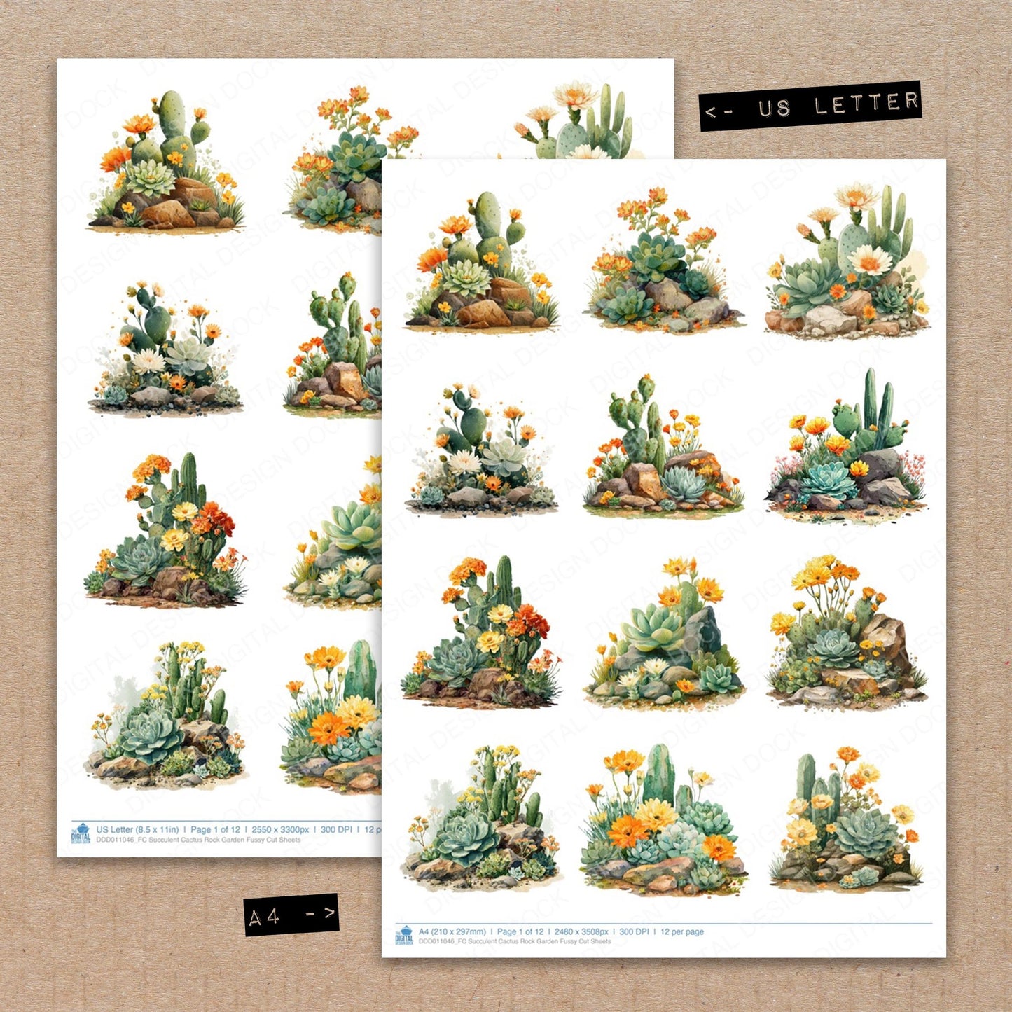 A4 and US Letter format comparison showing Succulent Cactus Rock Garden fussy cut pages for print and cut crafting