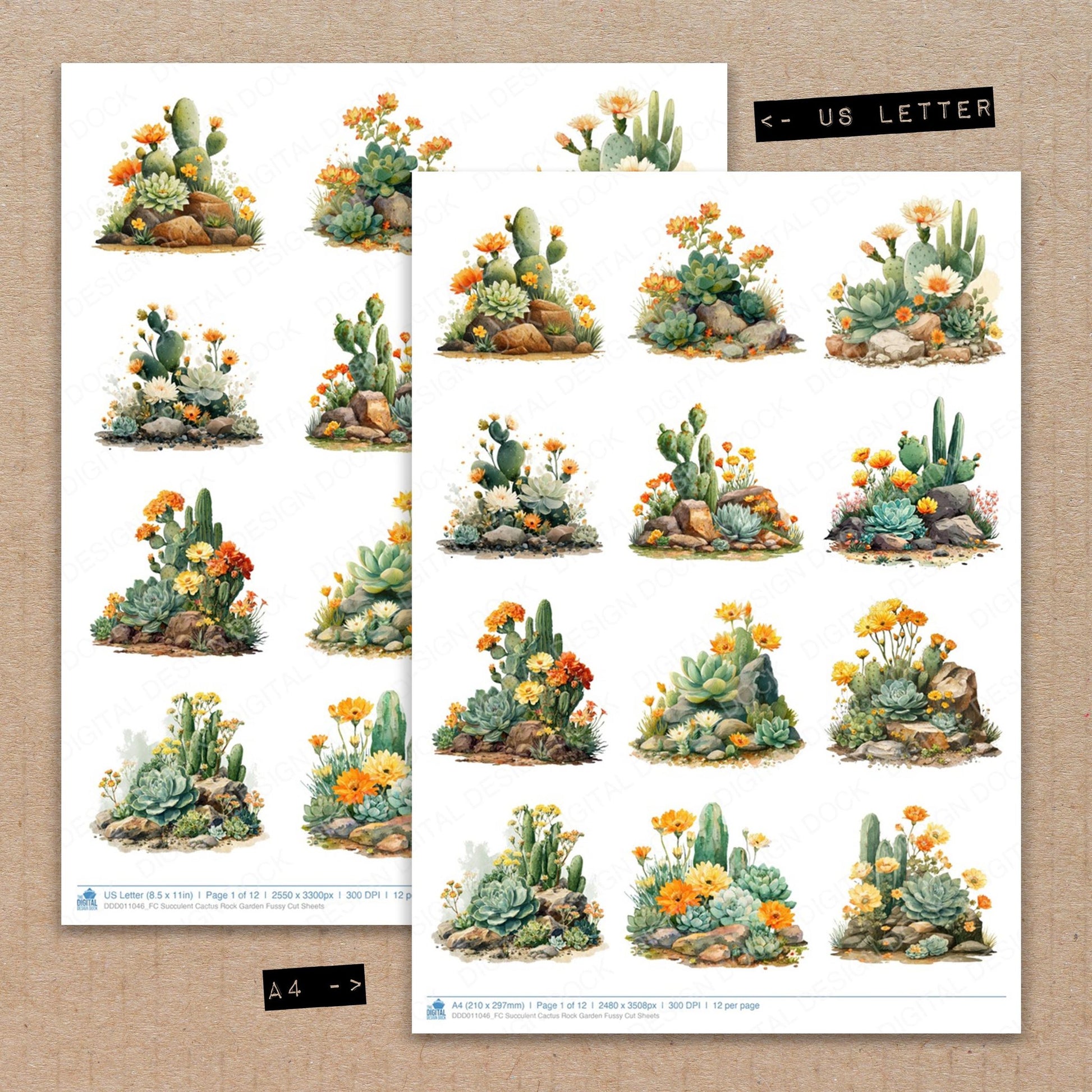 A4 and US Letter format comparison showing Succulent Cactus Rock Garden fussy cut pages for print and cut crafting