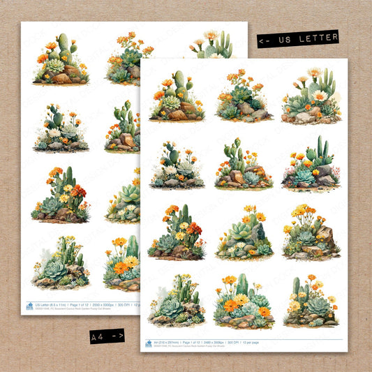 A4 and US Letter format comparison showing Succulent Cactus Rock Garden fussy cut pages for print and cut crafting