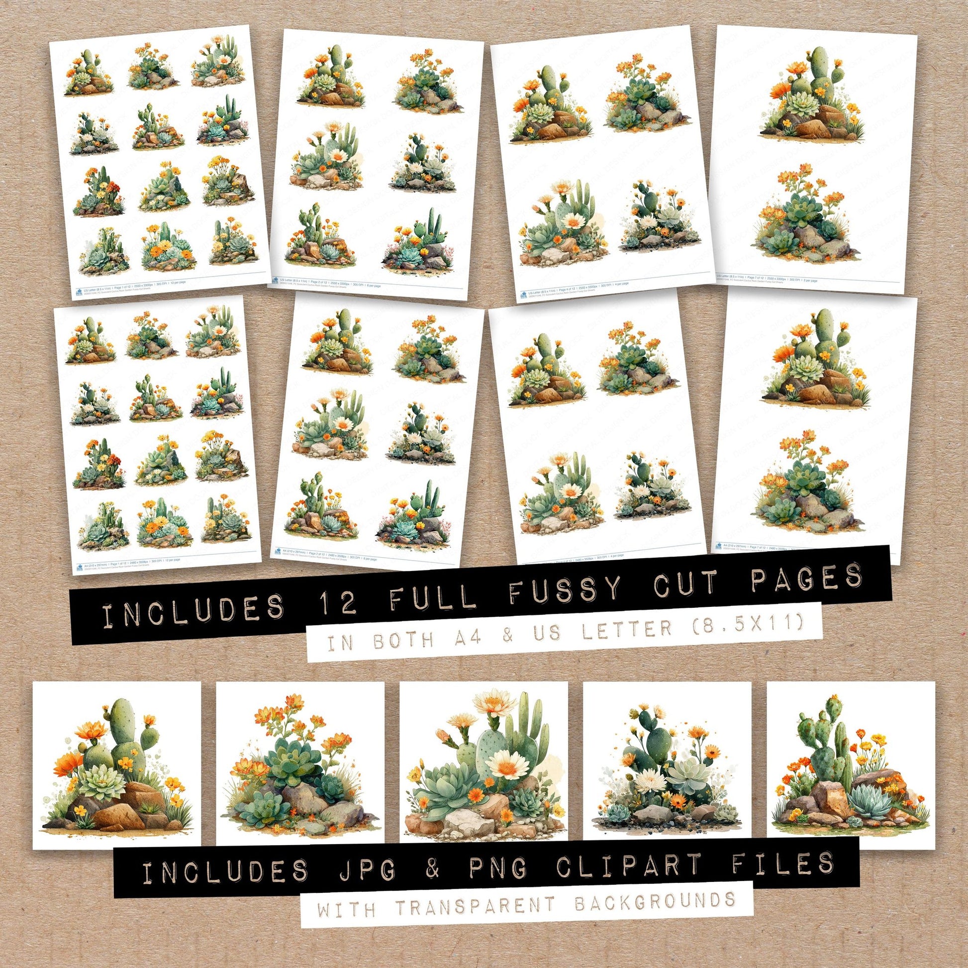 Full collection view of Succulent Cactus Rock Garden fussy cut sheets with bonus clipart JPG and PNG files