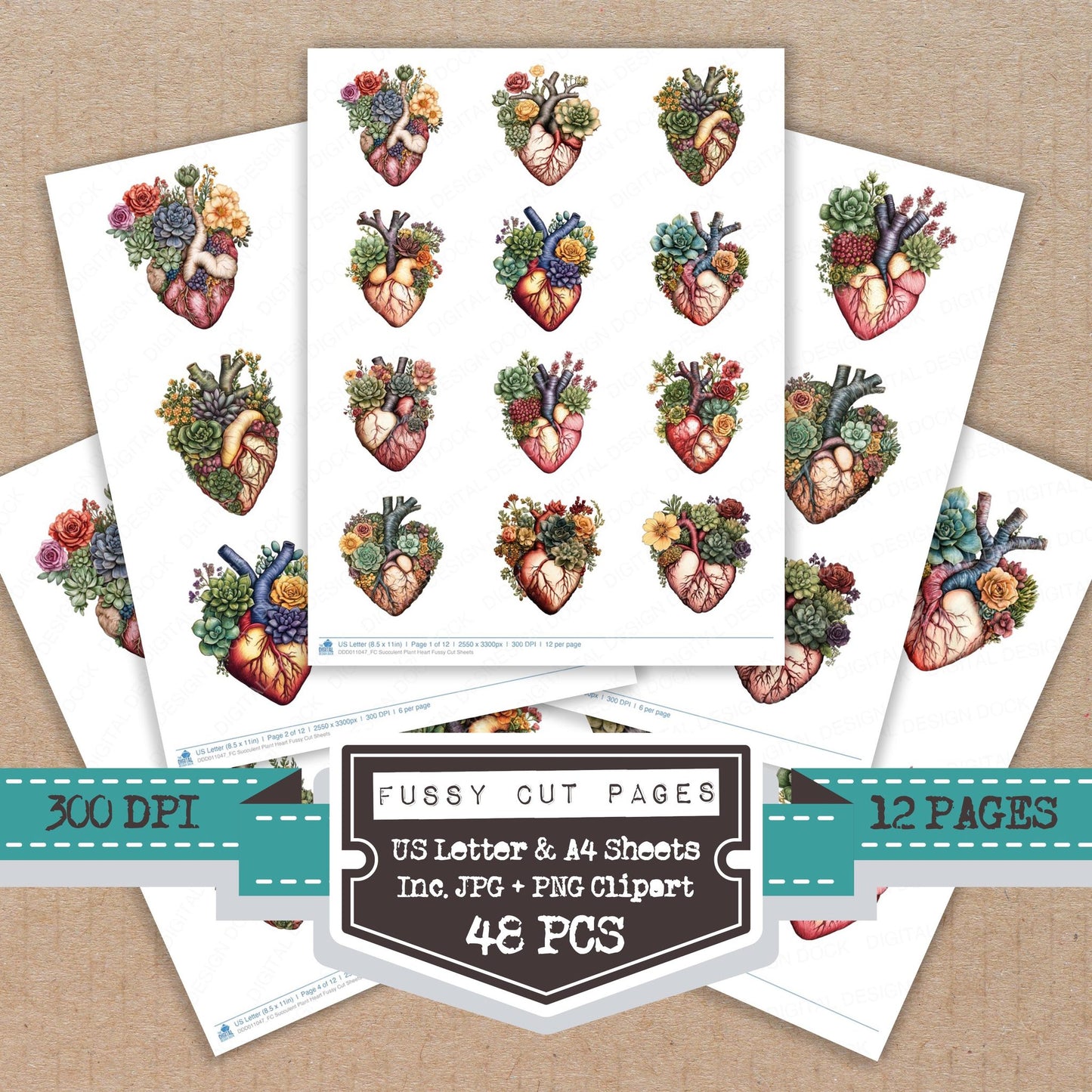 Succulent Plant Heart fussy cut printable sheets for junk journaling, scrapbooking, and paper craft projects
