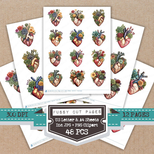 Succulent Plant Heart fussy cut printable sheets for junk journaling, scrapbooking, and paper craft projects