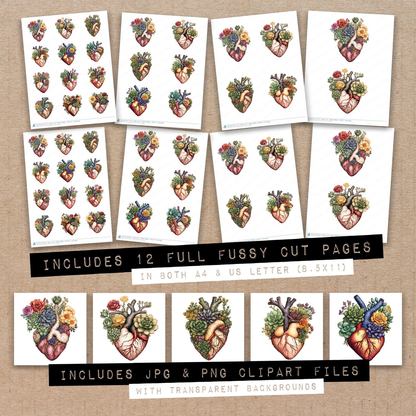 Full collection view of Succulent Plant Heart fussy cut sheets with bonus clipart JPG and PNG files