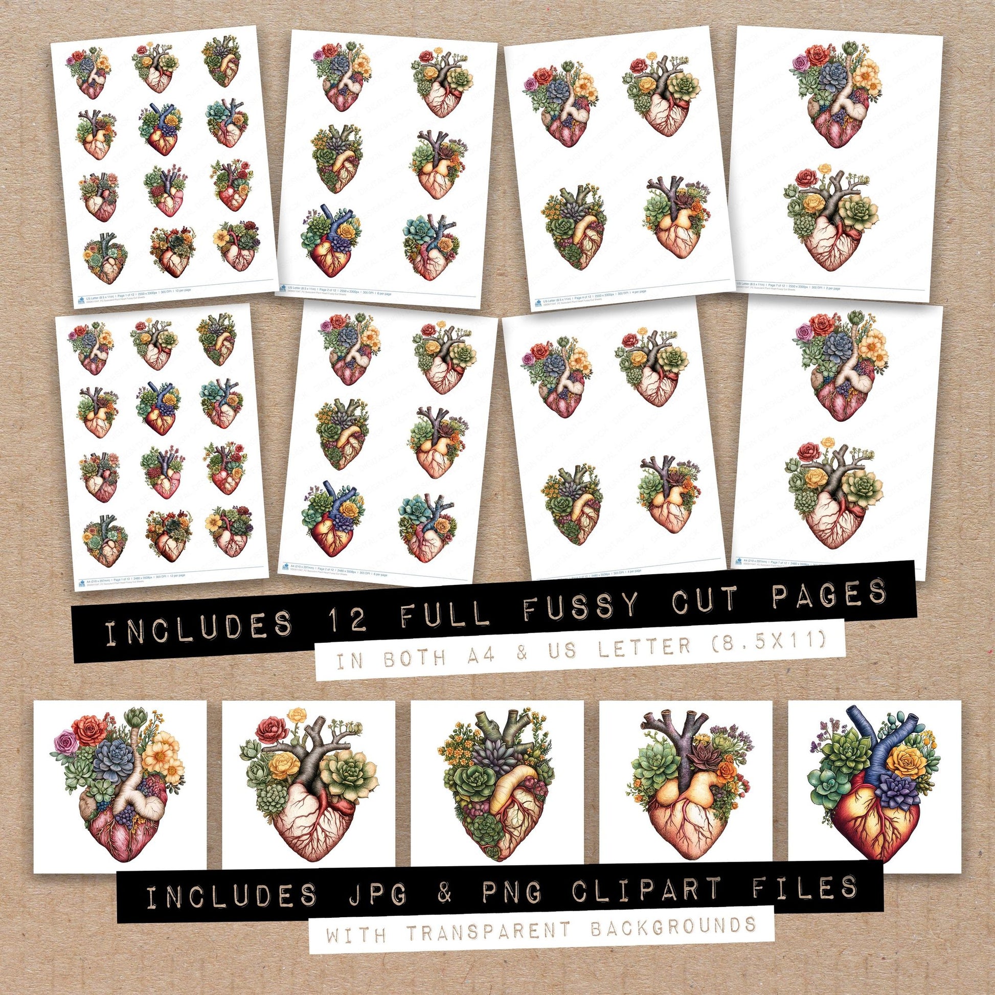 Full collection view of Succulent Plant Heart fussy cut sheets with bonus clipart JPG and PNG files