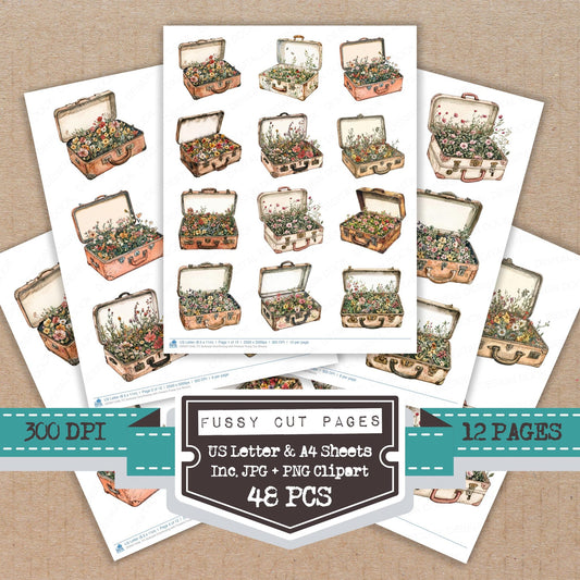 Suitcase Overflowing with Flowers fussy cut printable sheets for junk journaling, scrapbooking, and paper craft projects