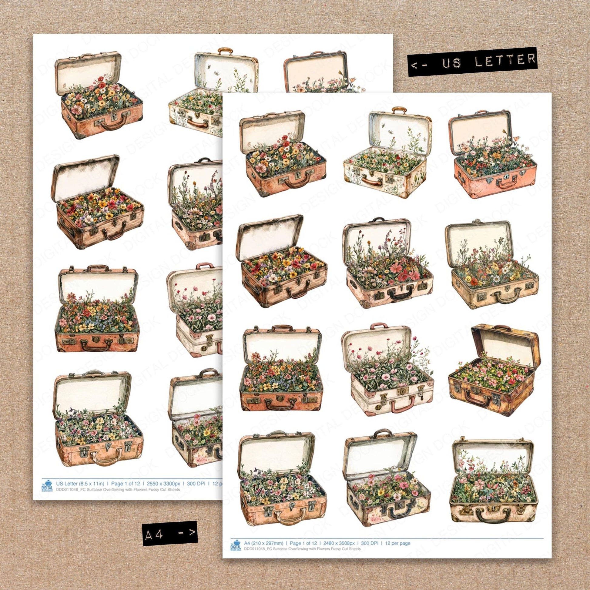 A4 and US Letter format comparison showing Suitcase Overflowing with Flowers fussy cut pages for print and cut crafting