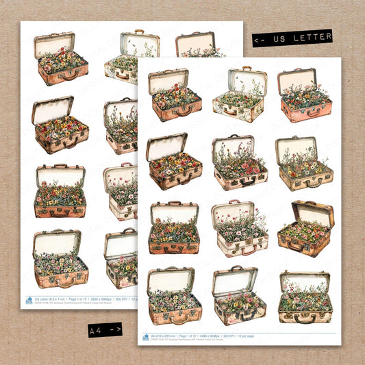 A4 and US Letter format comparison showing Suitcase Overflowing with Flowers fussy cut pages for print and cut crafting