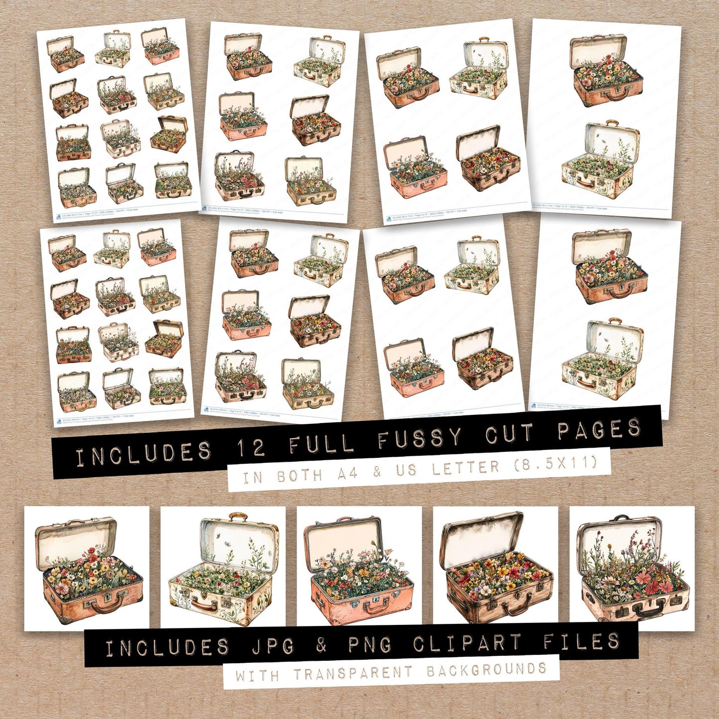 Full collection view of Suitcase Overflowing with Flowers fussy cut sheets with bonus clipart JPG and PNG files