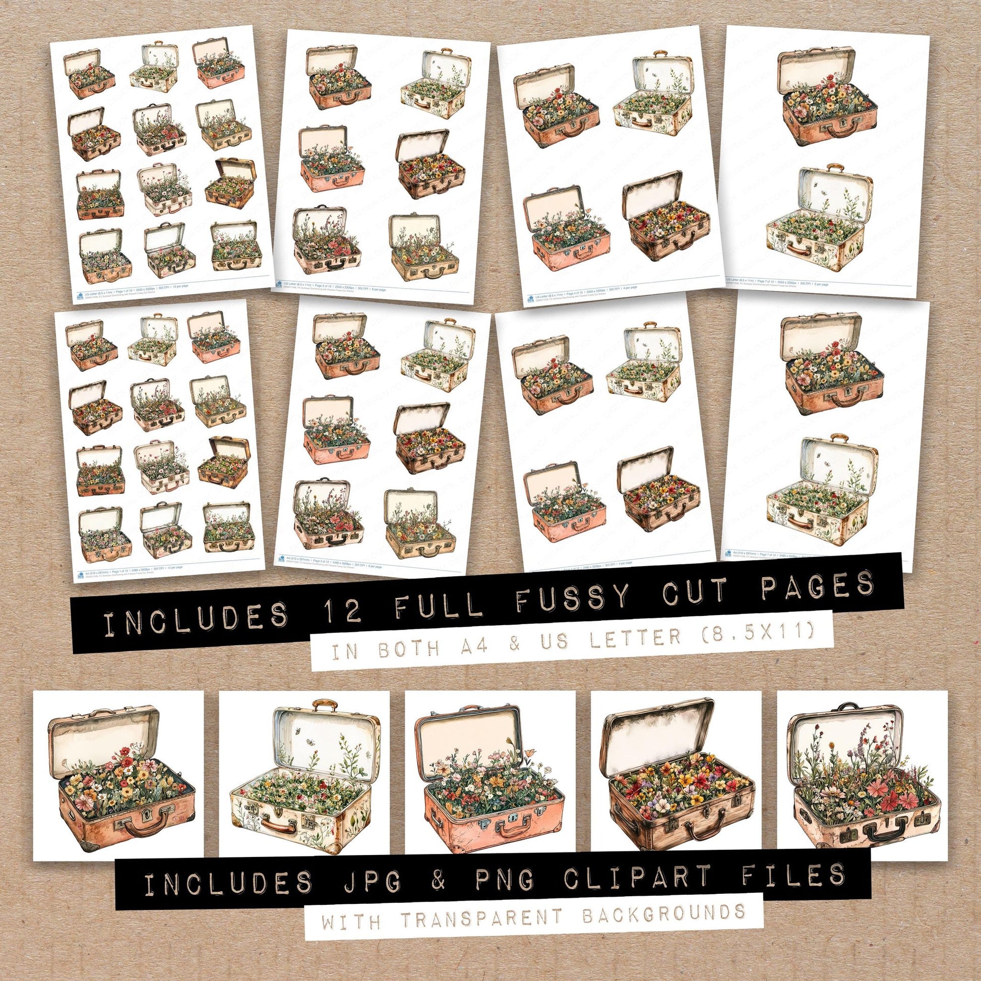 Full collection view of Suitcase Overflowing with Flowers fussy cut sheets with bonus clipart JPG and PNG files