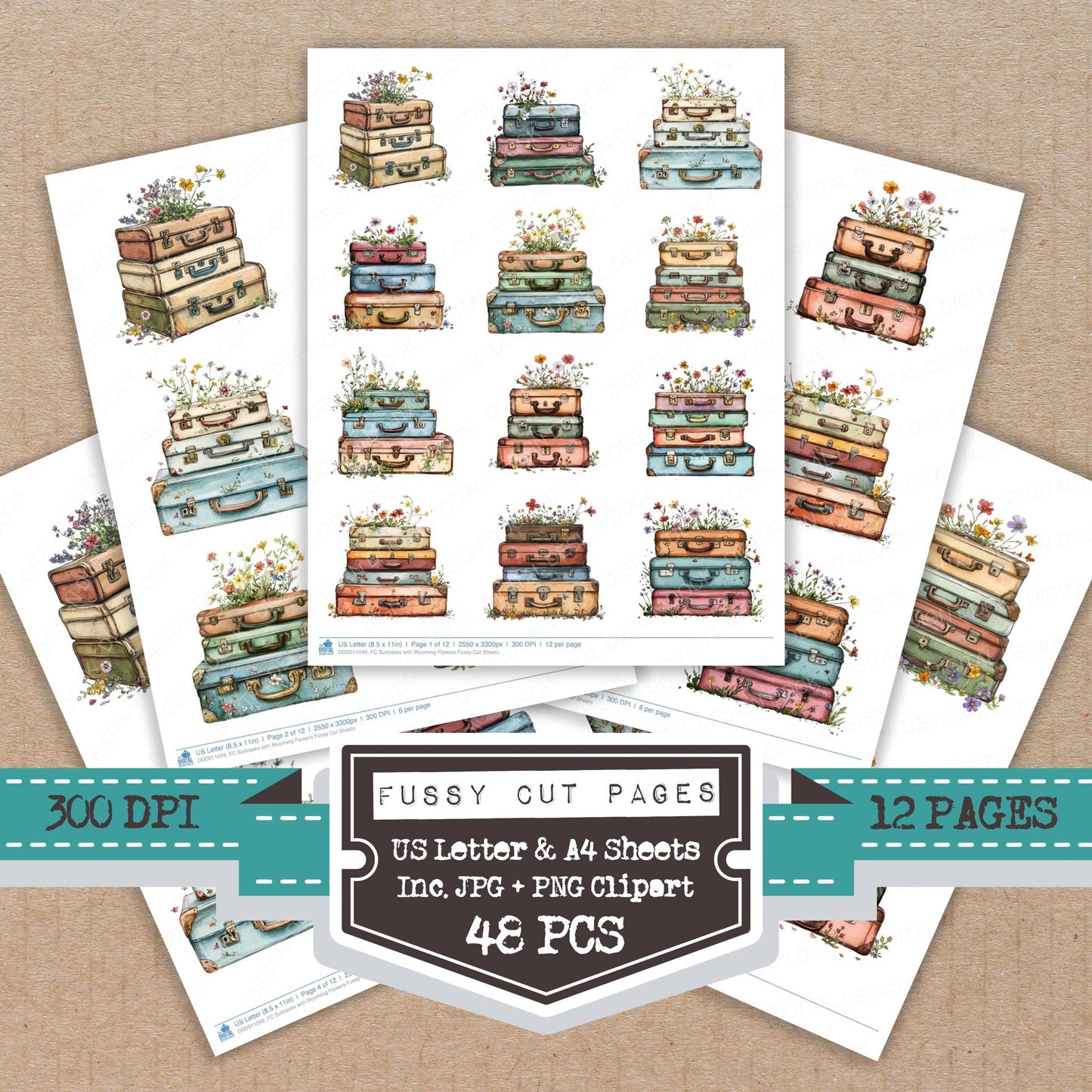 Suitcases with Blooming Flowers fussy cut printable sheets for junk journaling, scrapbooking, and paper craft projects
