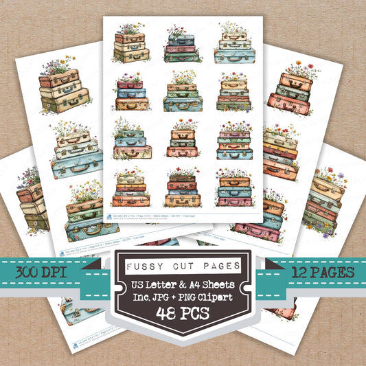 Suitcases with Blooming Flowers fussy cut printable sheets for junk journaling, scrapbooking, and paper craft projects