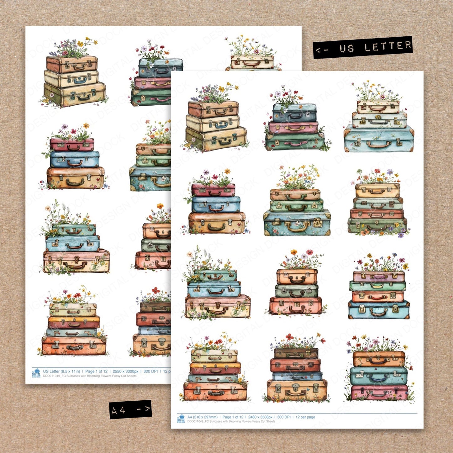A4 and US Letter format comparison showing Suitcases with Blooming Flowers fussy cut pages for print and cut crafting