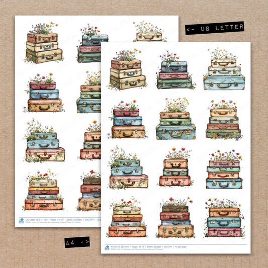 A4 and US Letter format comparison showing Suitcases with Blooming Flowers fussy cut pages for print and cut crafting