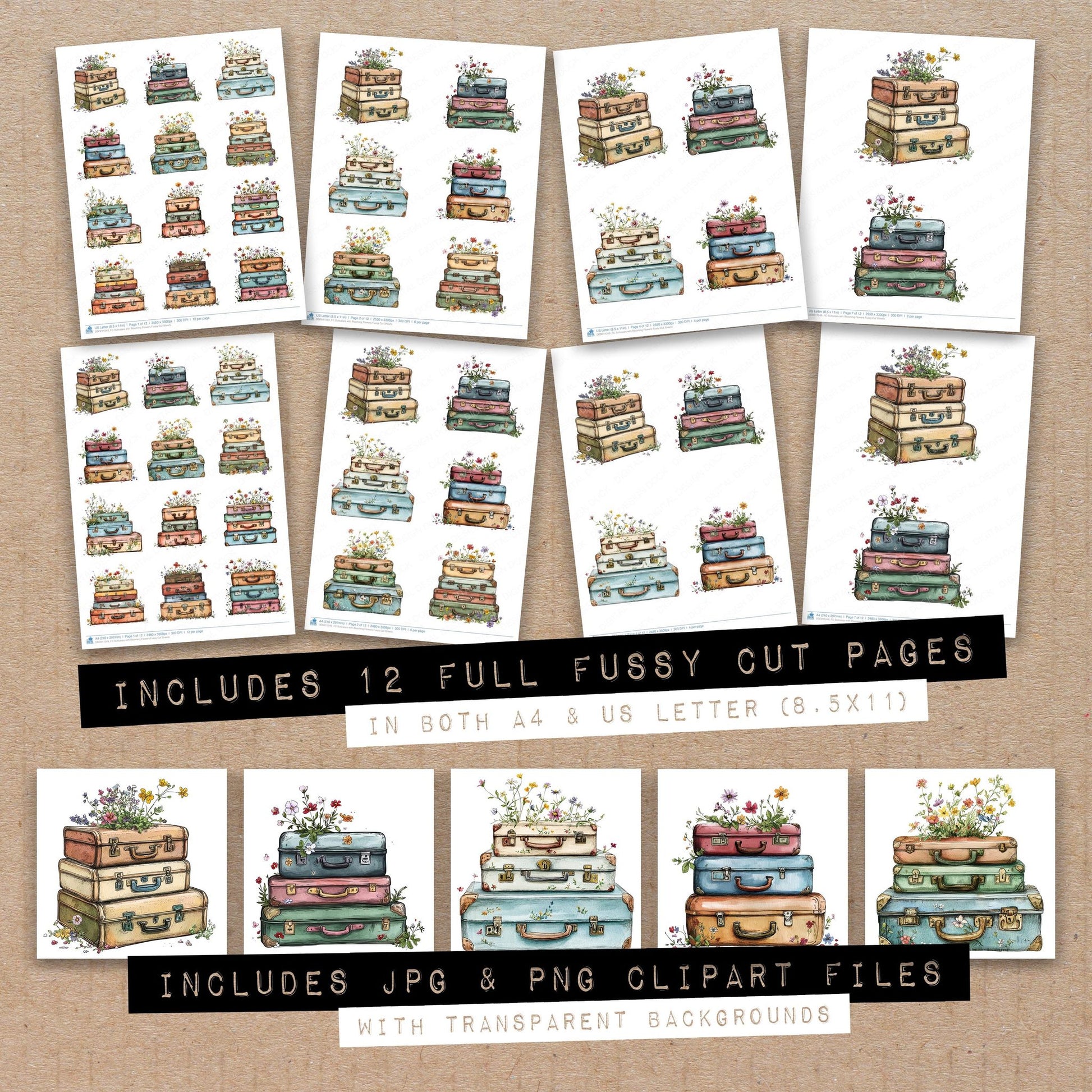 Full collection view of Suitcases with Blooming Flowers fussy cut sheets with bonus clipart JPG and PNG files