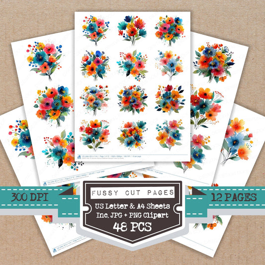 Summer Abstract Wildflower Bouquet fussy cut printable sheets for junk journaling, scrapbooking, and paper craft projects