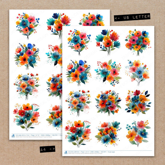 A4 and US Letter format comparison showing Summer Abstract Wildflower Bouquet fussy cut pages for print and cut crafting