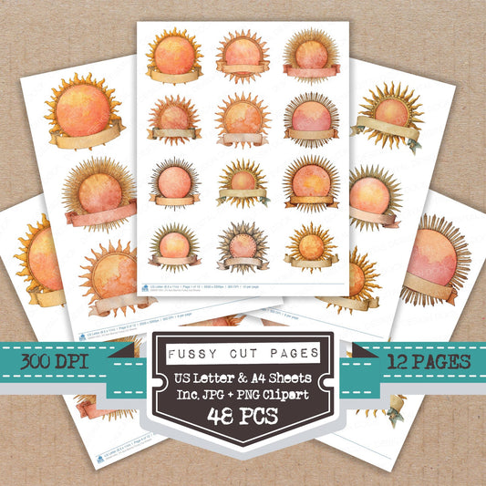 Sun Banner fussy cut printable sheets for junk journaling, scrapbooking, and paper craft projects