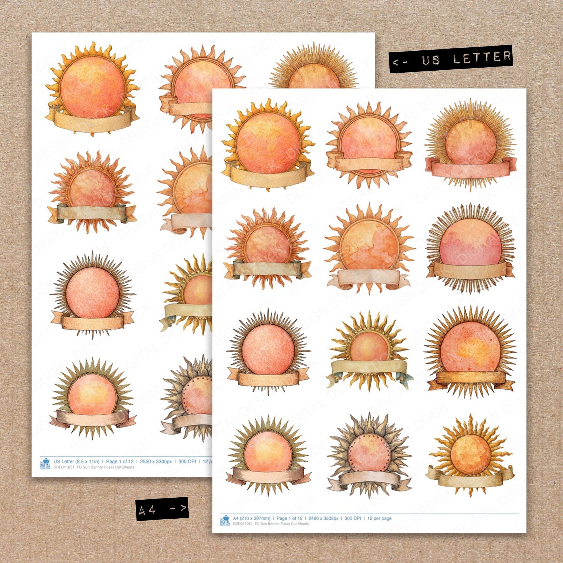 A4 and US Letter format comparison showing Sun Banner fussy cut pages for print and cut crafting