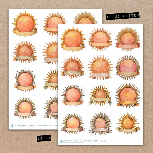 A4 and US Letter format comparison showing Sun Banner fussy cut pages for print and cut crafting