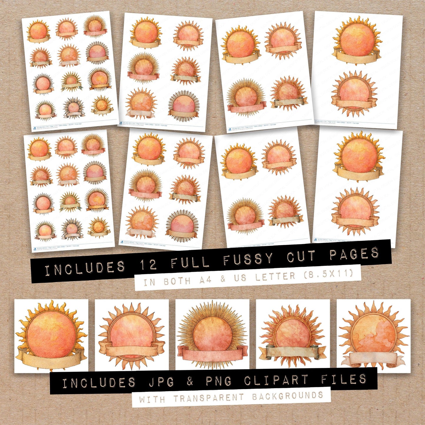 Full collection view of Sun Banner fussy cut sheets with bonus clipart JPG and PNG files
