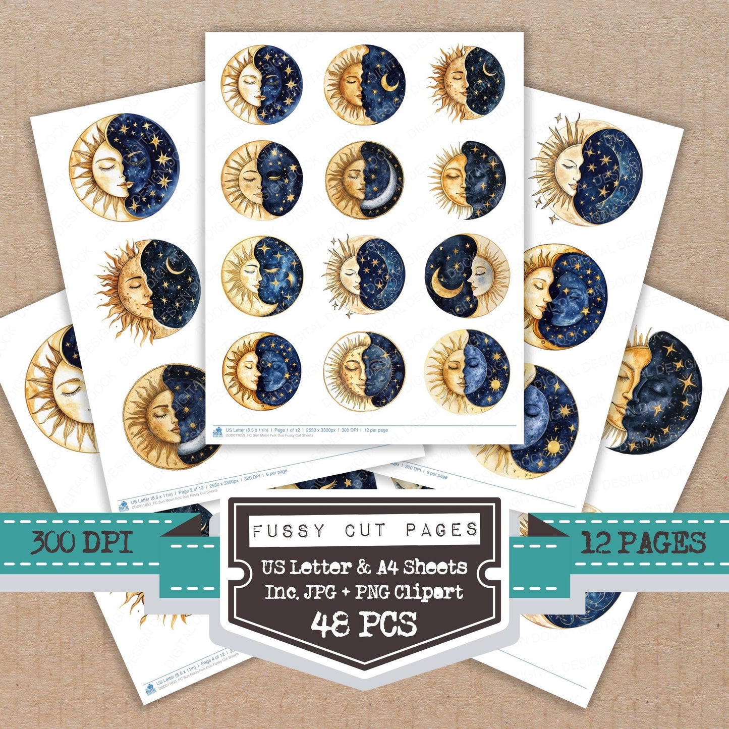 Sun Moon Folk Duo fussy cut printable sheets for junk journaling, scrapbooking, and paper craft projects