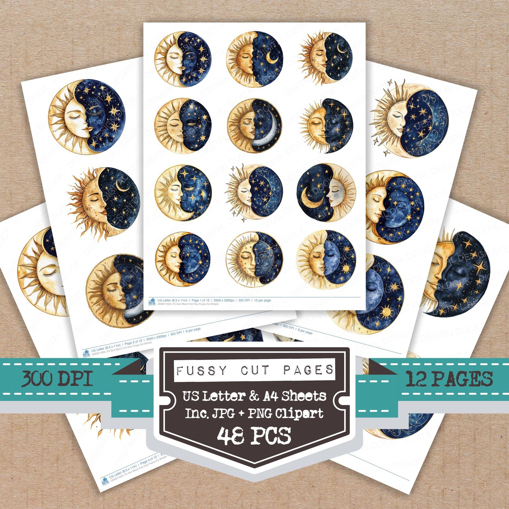 Sun Moon Folk Duo fussy cut printable sheets for junk journaling, scrapbooking, and paper craft projects