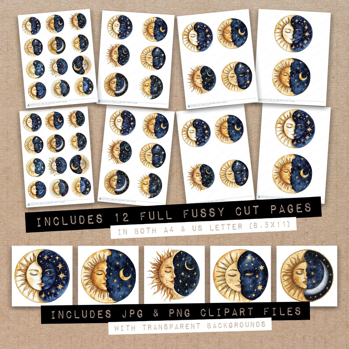 Full collection view of Sun Moon Folk Duo fussy cut sheets with bonus clipart JPG and PNG files