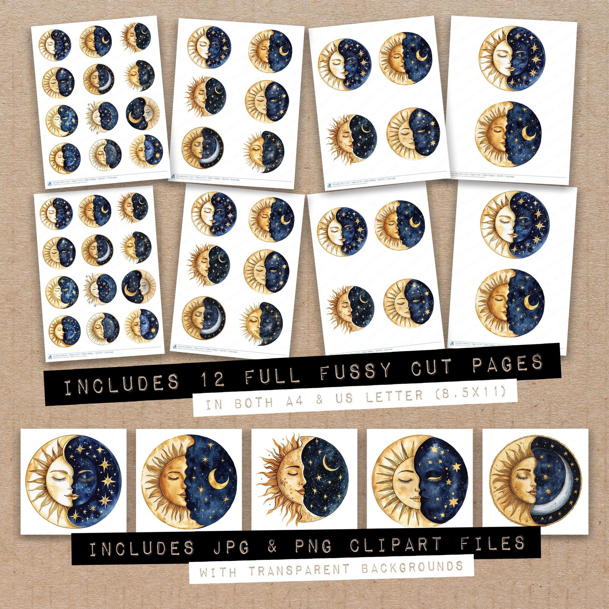 Full collection view of Sun Moon Folk Duo fussy cut sheets with bonus clipart JPG and PNG files