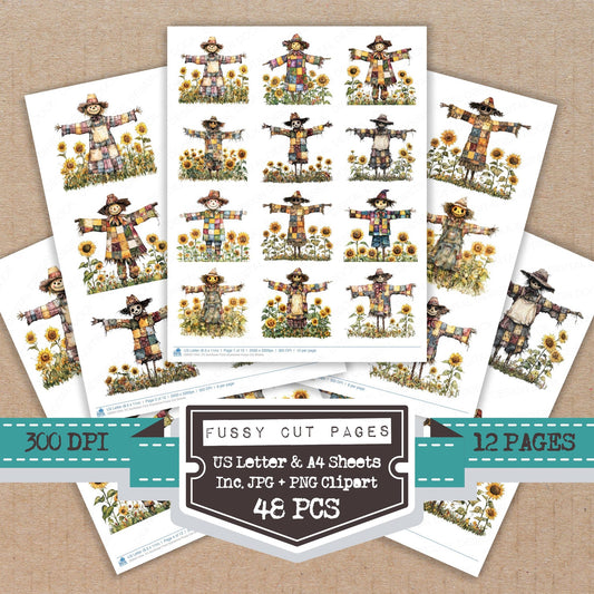 Sunflower Field Scarecrow fussy cut printable sheets for junk journaling, scrapbooking, and paper craft projects