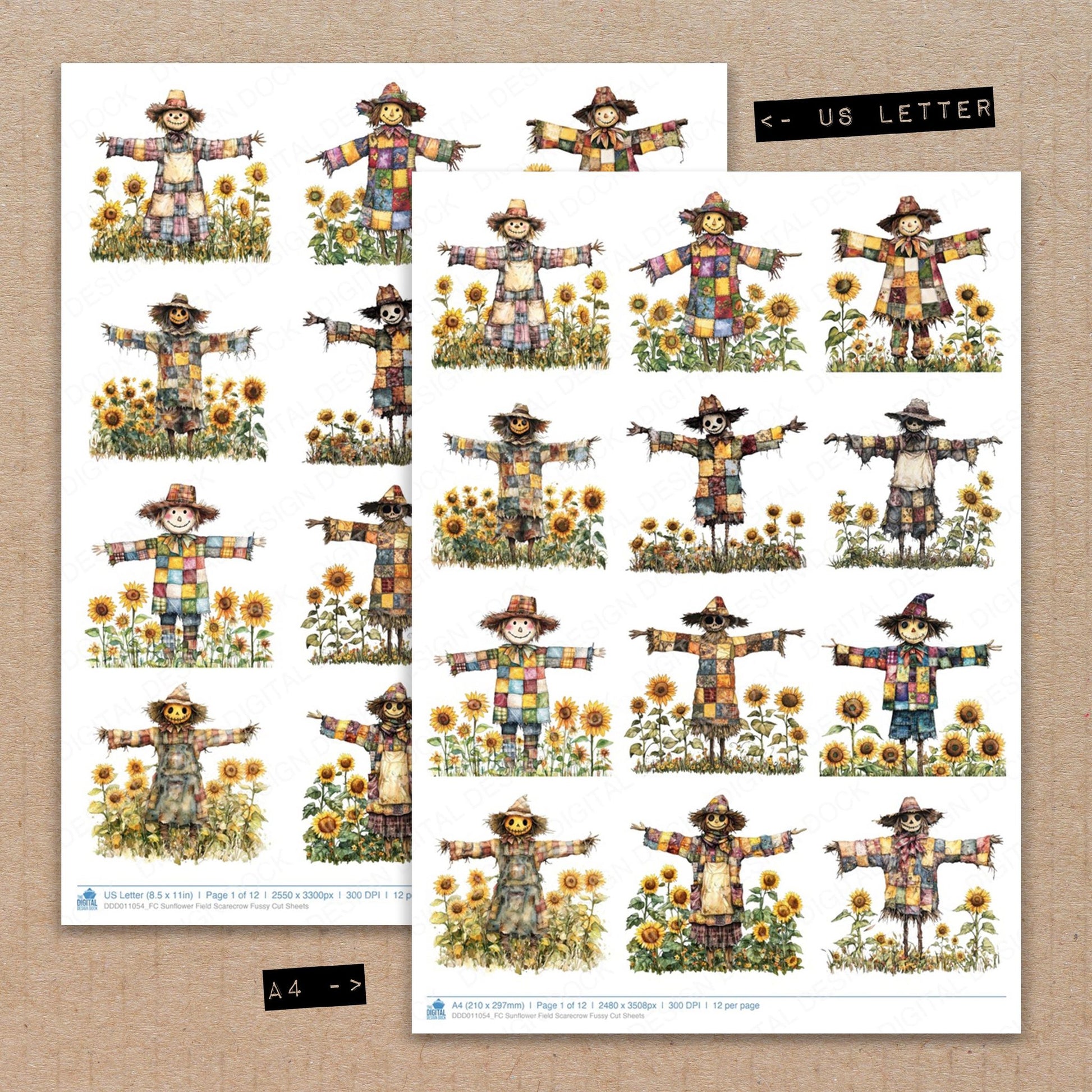 A4 and US Letter format comparison showing Sunflower Field Scarecrow fussy cut pages for print and cut crafting