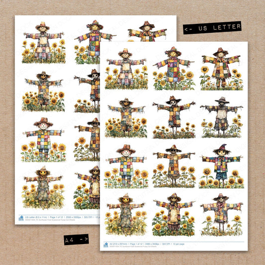 A4 and US Letter format comparison showing Sunflower Field Scarecrow fussy cut pages for print and cut crafting