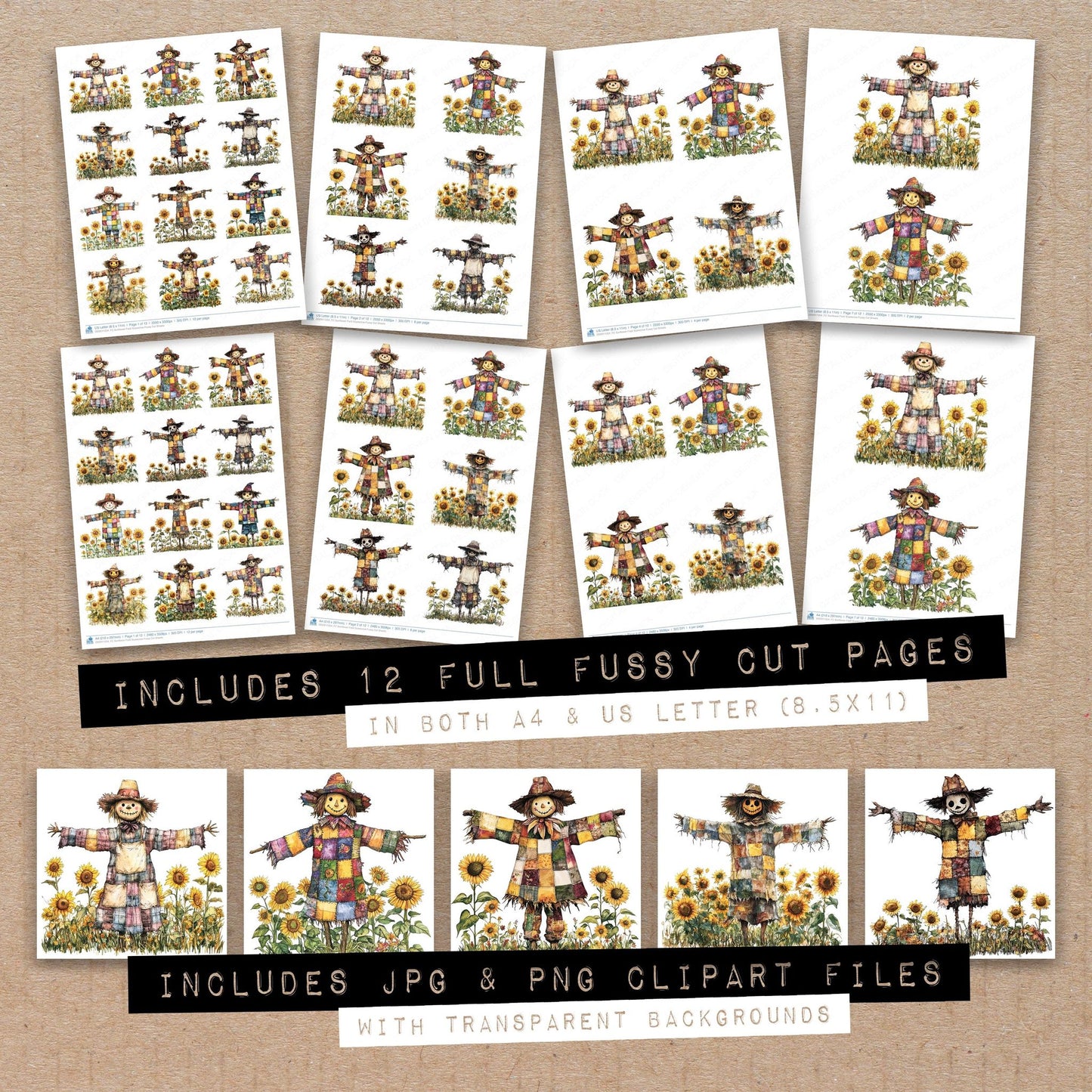 Full collection view of Sunflower Field Scarecrow fussy cut sheets with bonus clipart JPG and PNG files