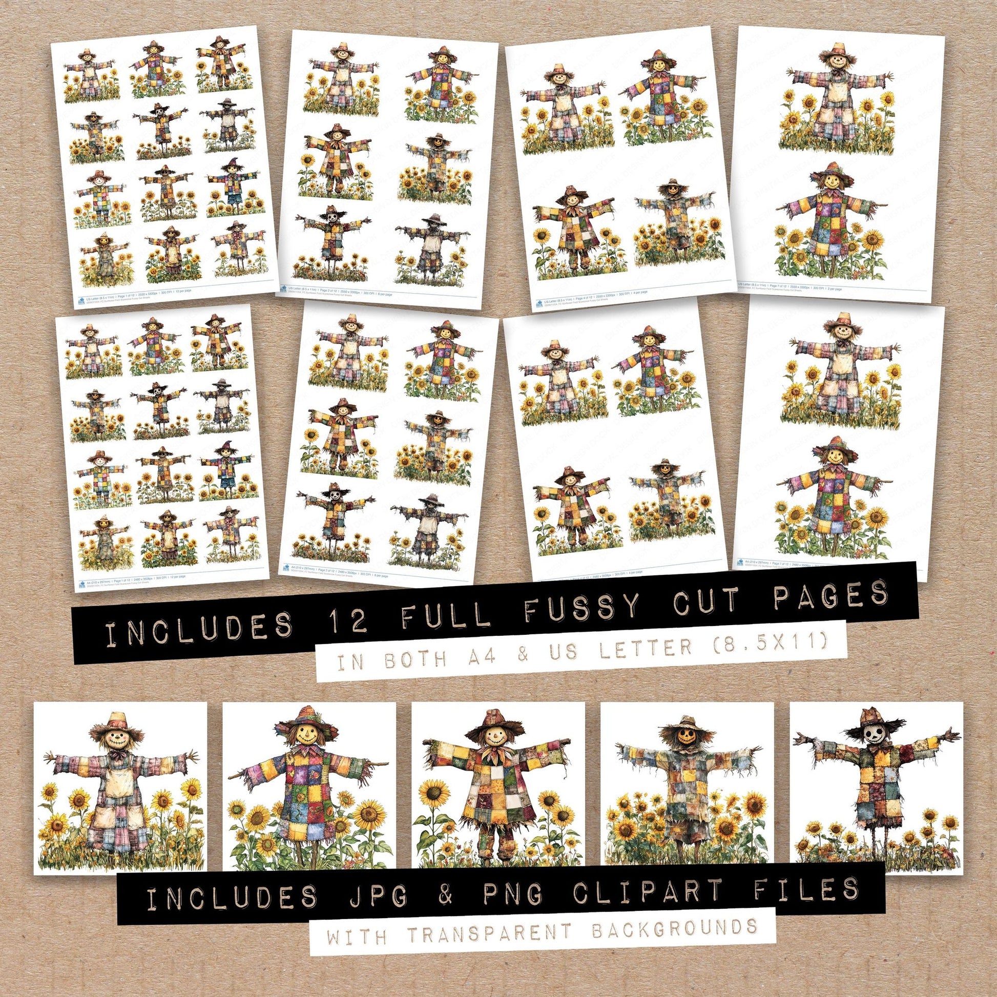 Full collection view of Sunflower Field Scarecrow fussy cut sheets with bonus clipart JPG and PNG files