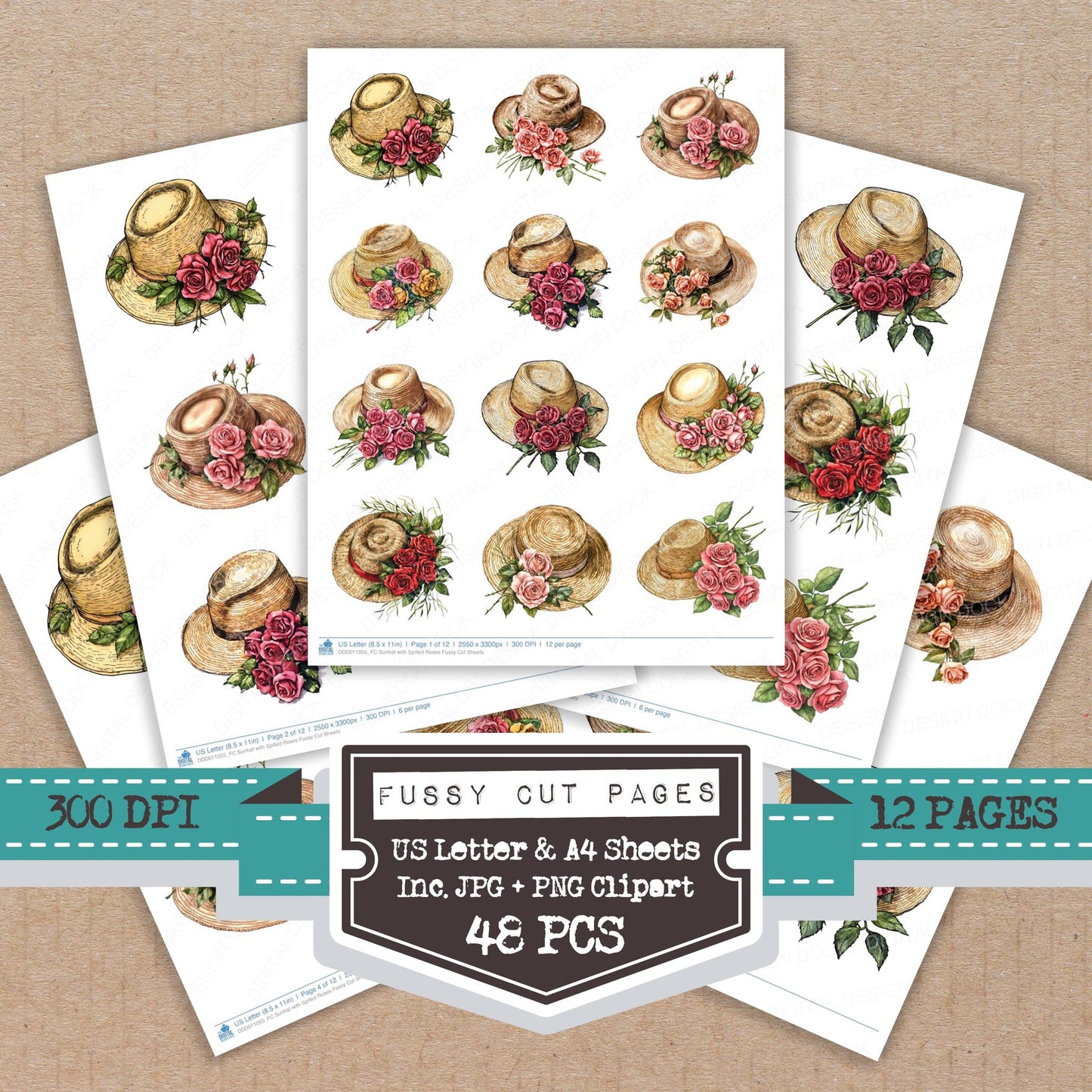 Sunhat with Spilled Roses fussy cut printable sheets for junk journaling, scrapbooking, and paper craft projects