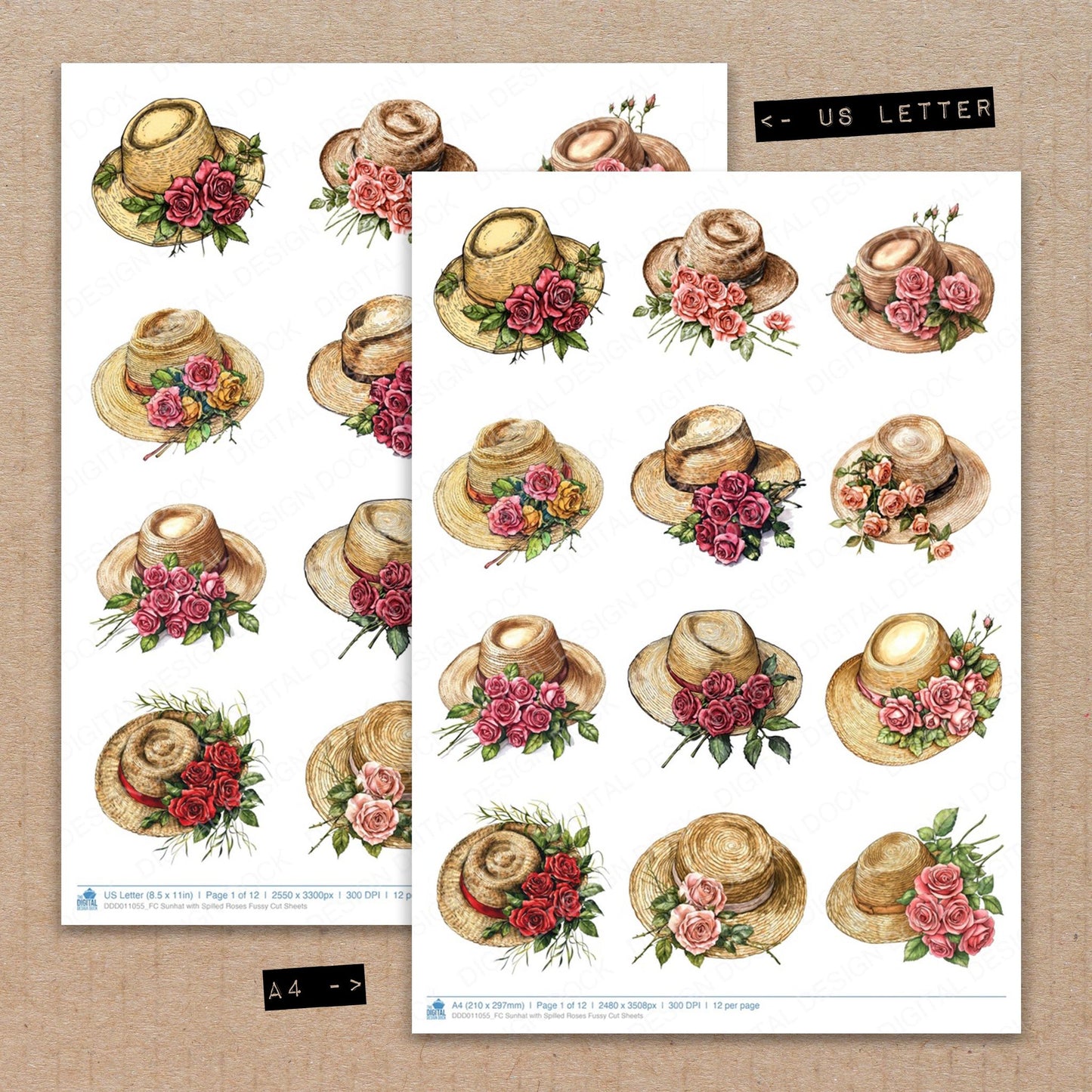 A4 and US Letter format comparison showing Sunhat with Spilled Roses fussy cut pages for print and cut crafting