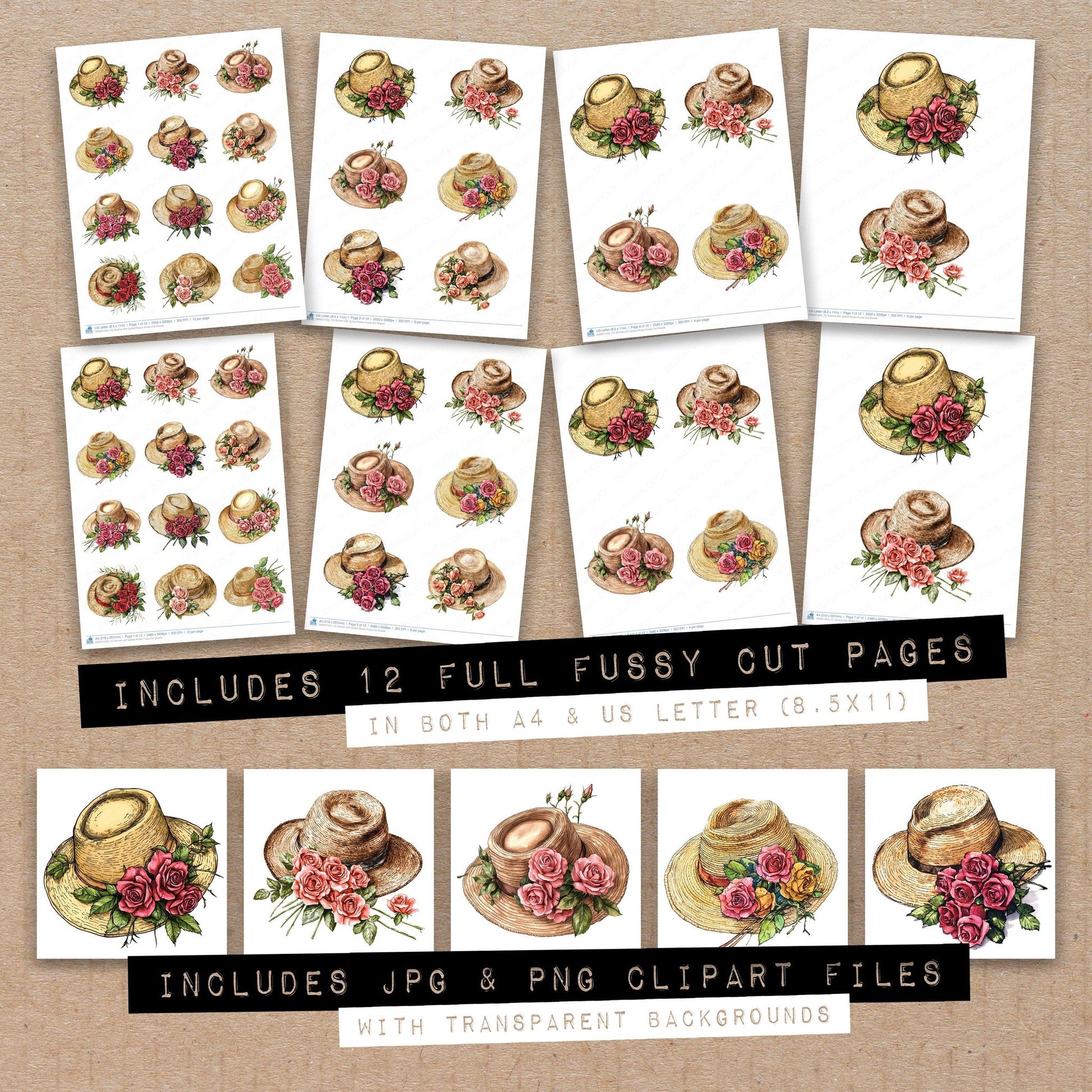 Full collection view of Sunhat with Spilled Roses fussy cut sheets with bonus clipart JPG and PNG files