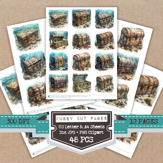 Sunken Treasure Chest fussy cut printable sheets for junk journaling, scrapbooking, and paper craft projects