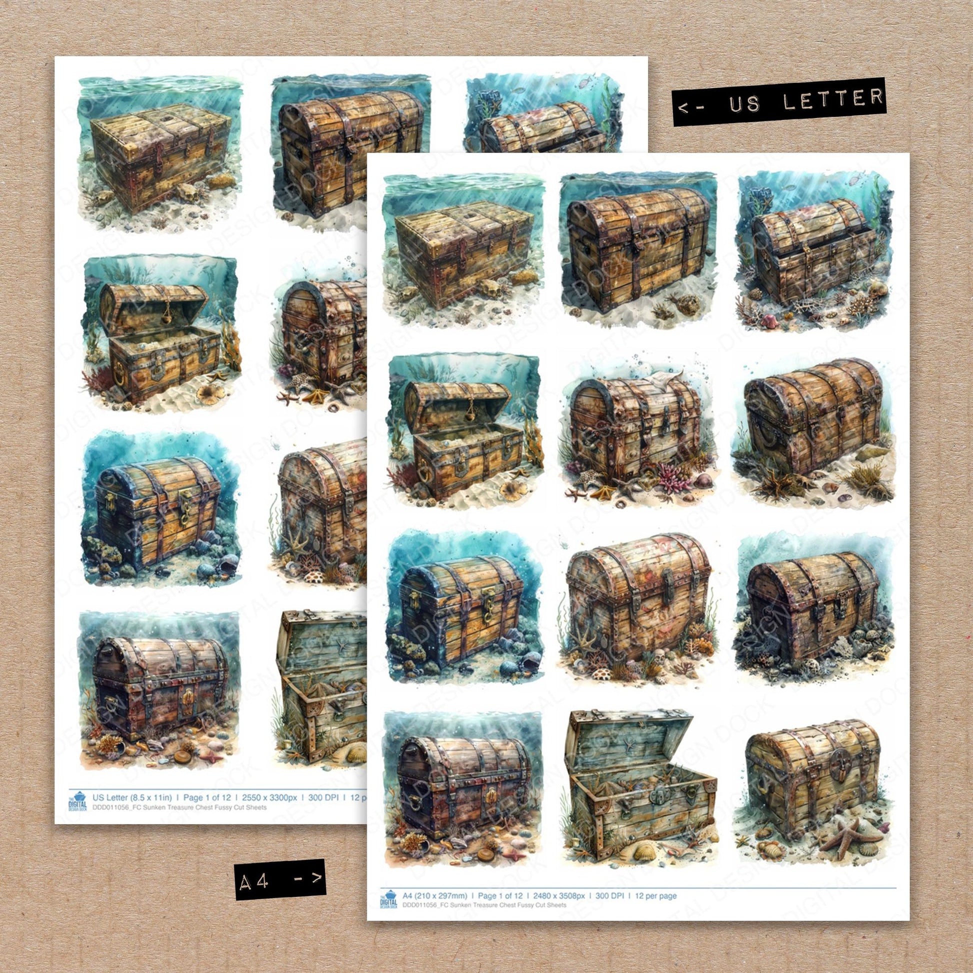 A4 and US Letter format comparison showing Sunken Treasure Chest fussy cut pages for print and cut crafting