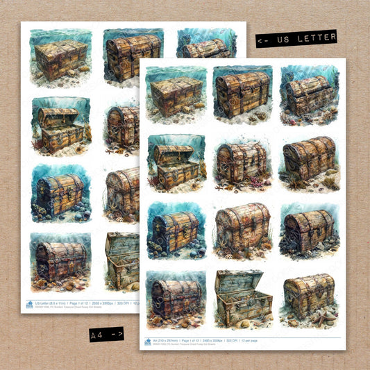 A4 and US Letter format comparison showing Sunken Treasure Chest fussy cut pages for print and cut crafting