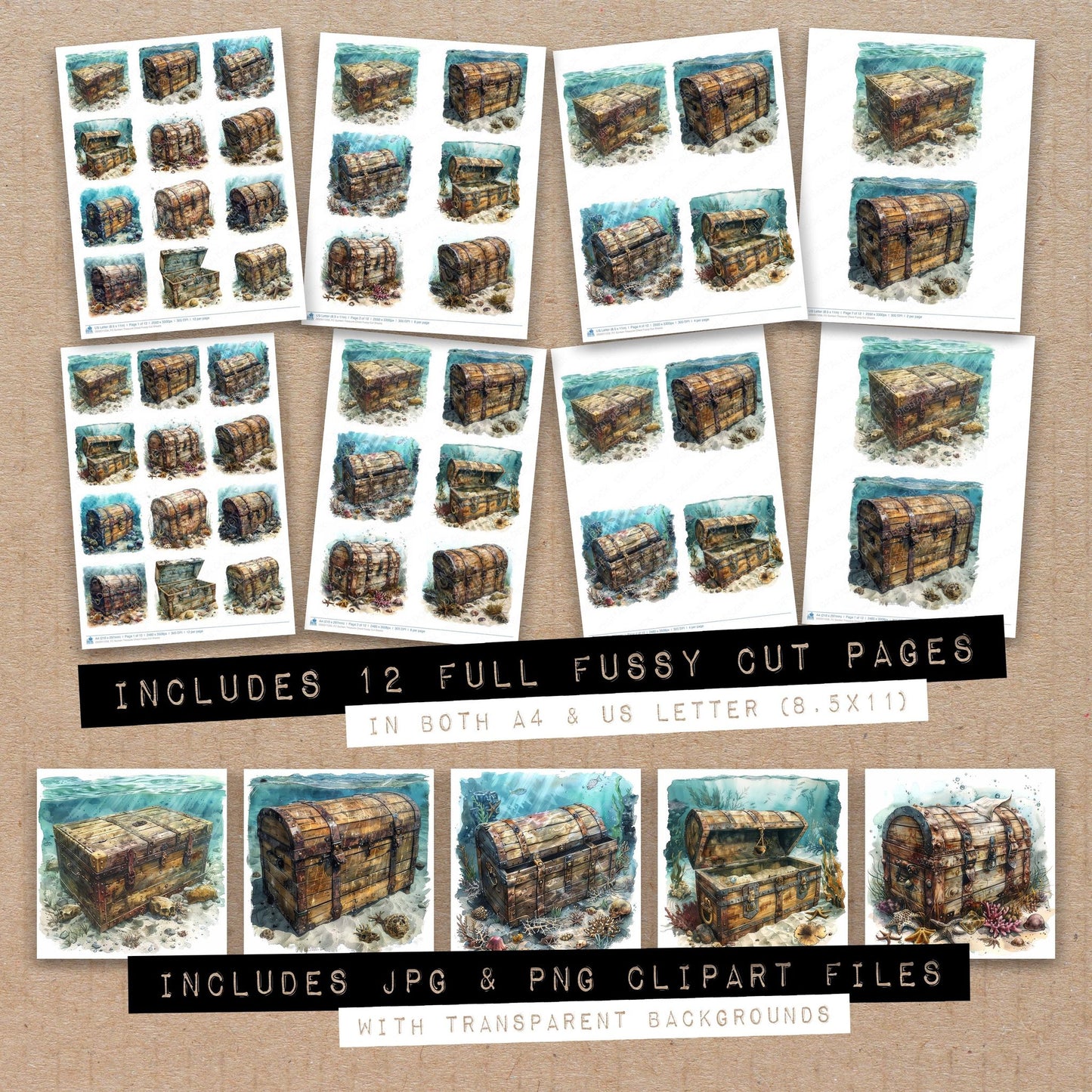 Full collection view of Sunken Treasure Chest fussy cut sheets with bonus clipart JPG and PNG files